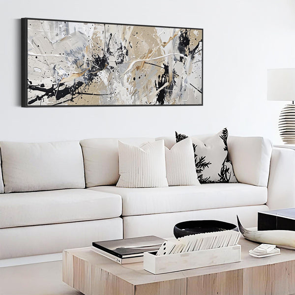 Neutral Black Jackson Pollock Style Wide Artwork Framed Horizontal Illusion