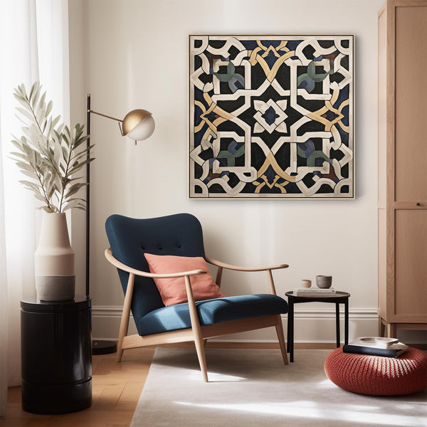 Alhambra - Moroccan Mosaic Framed Canvas - Black Cream Abstract