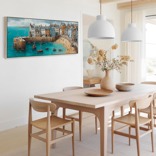 Coastal Cornwall Harbour Wide Framed Horizontal Wall Art in Blue