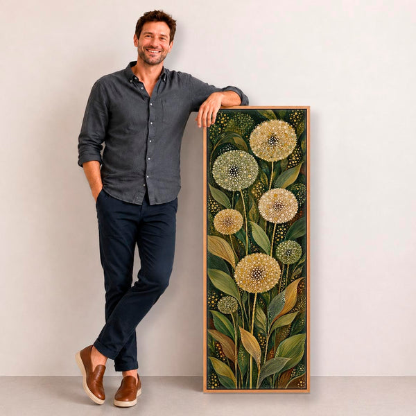 Tall Green Cream Framed Canvas Art Dandelion Botanical Floral