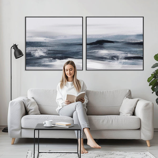 Extra Large Blue Grey Abstract Framed Wall Decor Canvas Prints Deep Ocean