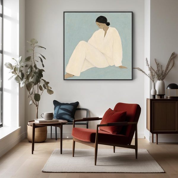 Framed Canvas - Feminine Empowerment Contemplation - White Dress 2 - Blue