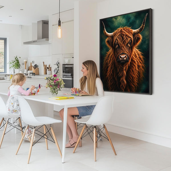 Fergus - Highland Cow - Copper & Teal Framed Scottish Wall Art