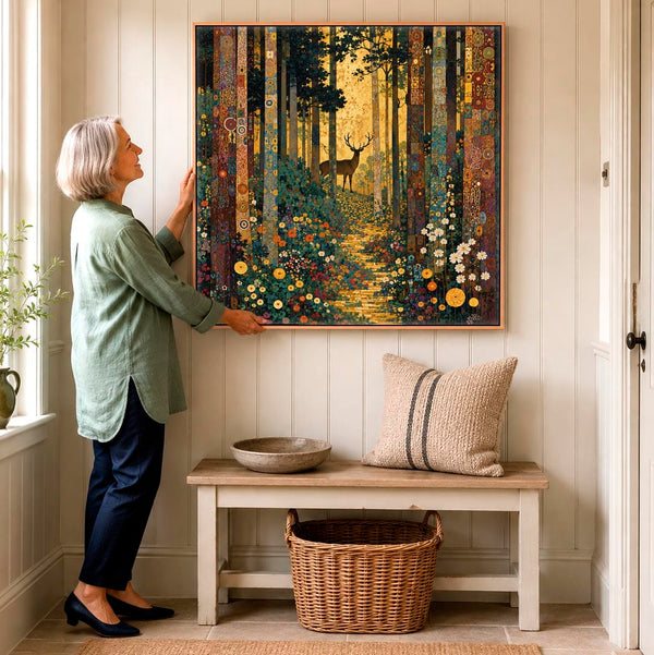 Big Gustav Klimt inspired Framed Trees Canvas Art - Forest Stag