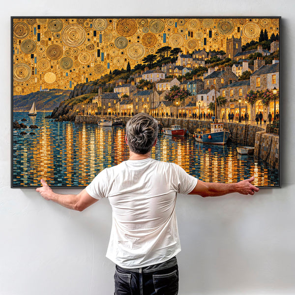 Gustav Klimt inspired Framed Canvas Art Golden Cornish Harbour