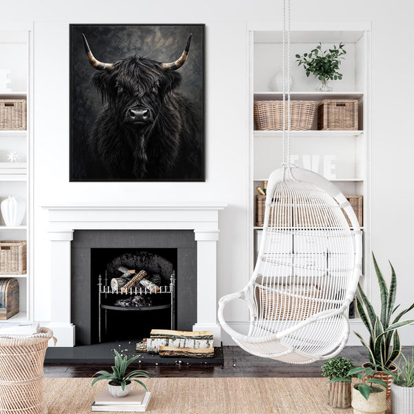 Hamish - Black and Cream Highland Cow - Framed Canvas Art Print