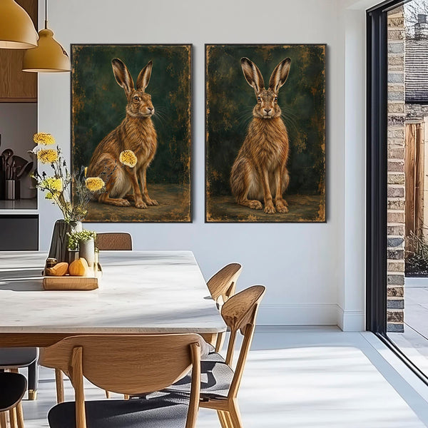 Brown Hares Framed Canvas Art Set of 2 - Waiting for Moonlight