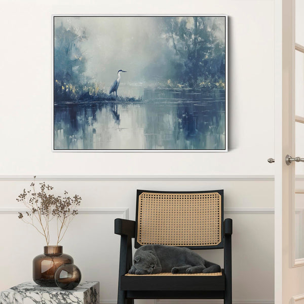 Heron Bird Misty Lake Framed Canvas Wall Art Print - Blue Grey