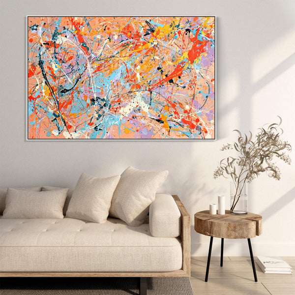 Bright Colourful Framed Canvas Art Jackson Pollock Style - Aura