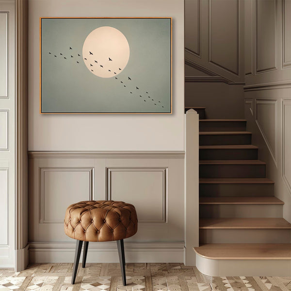 Japandi Birds Over Moon Framed Canvas - Earthy Sage Green