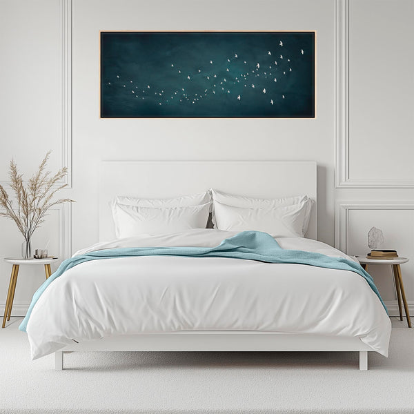 Japandi Flock Birds - Blue Canvas Artwork - Frame Included