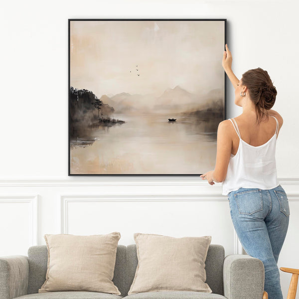 Japandi Lake - Neutral Canvas Wall Art - Frame Included