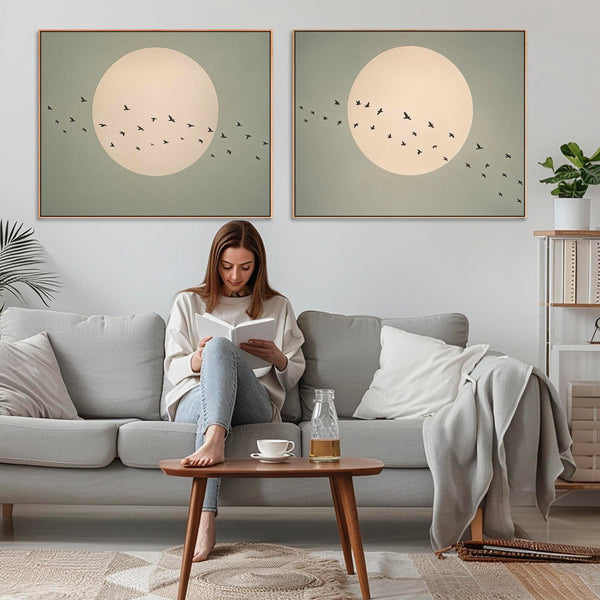 Japandi Moon - Flight Birds - Framed Canvas - Sage Green - Set of 2 Pictures