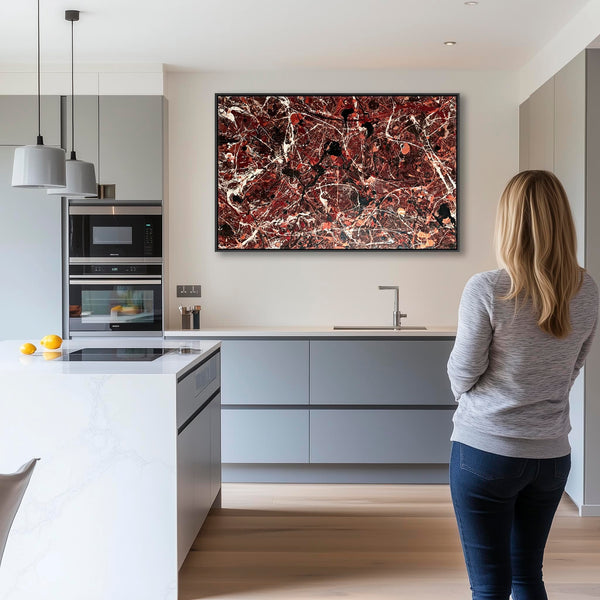 Large Framed Jackson Pollock Style Canvas Art - Maroon Splash