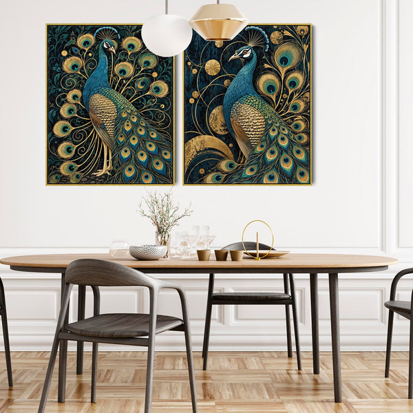 Maximalist Peacock Gold Opulence - Framed Canvas Art - Set of 2