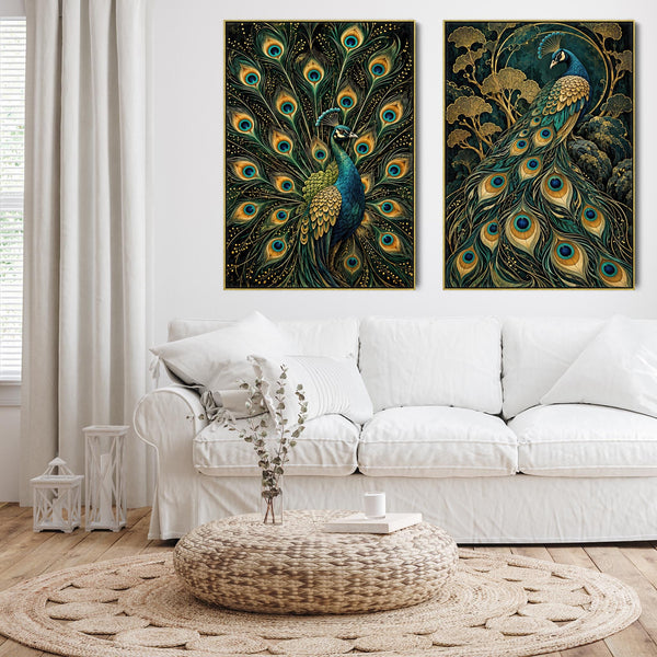 Maximalist Teal Gold Peacock - Framed Pair of Canvases Set of 2