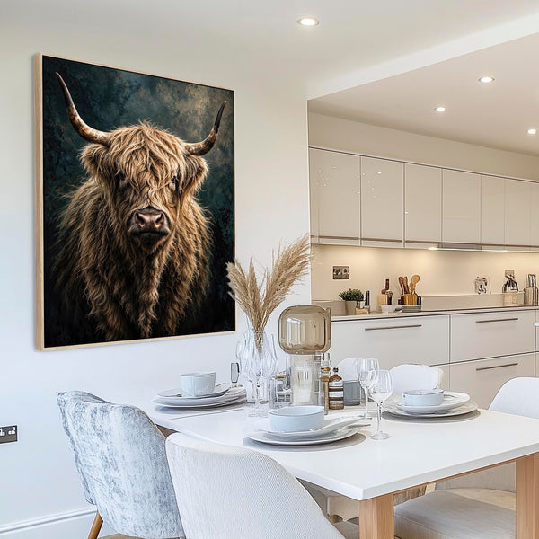 Morag - Blonde Cream Highland Cow - Teal Framed Canvas Print