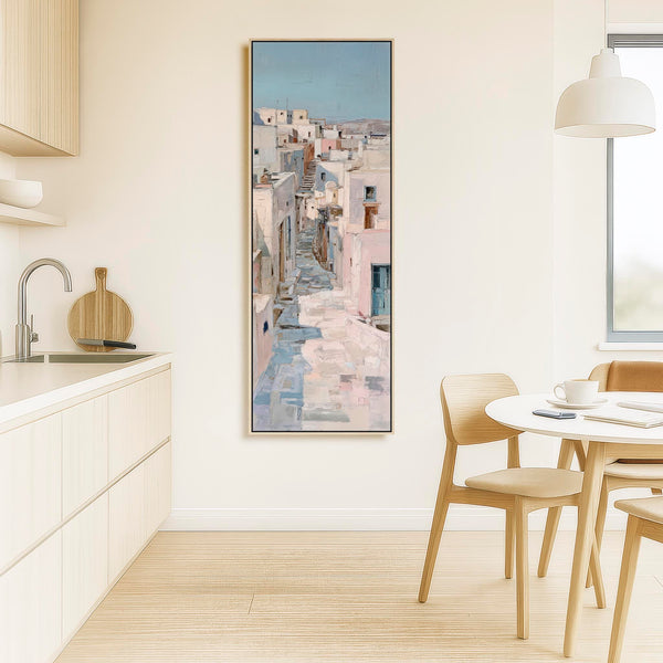 Tall Pastel Blue Cream Framed Wall Art Canvas Narrow Dusky Path