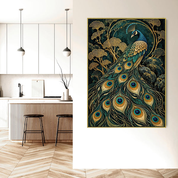 Opulence - Teal & Gold Peacock - Art Nouveau Framed Wall Canvas
