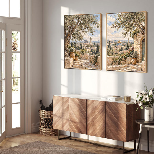 Pair Framed Islamic Canvases - Palestine Mosque Skyline Set 2