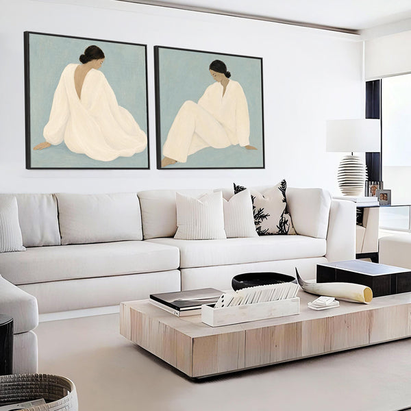 Framed Canvas Pair of Artwork - Peaceful Empowerment - White Dress - Blue - Set of 2