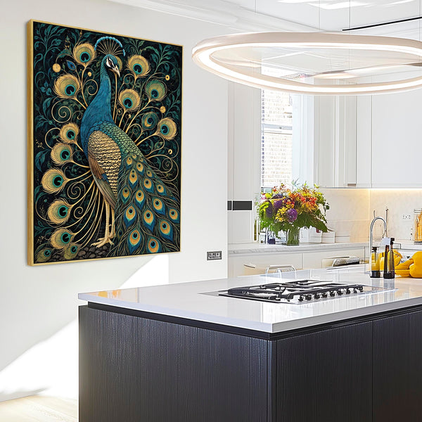 Regalia - Navy & Gold Peacock Framed Maximalist Canvas Artwork