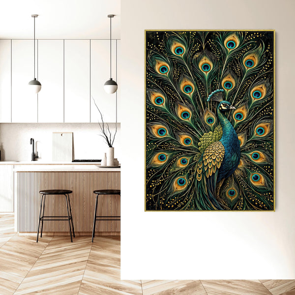 Splendid - Teal & Gold Peacock - Maximalist Framed Wall Canvas
