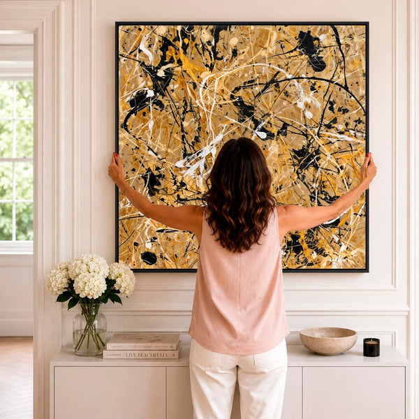 Large Square Jackson Pollock Style - Framed Mustard Wall Art