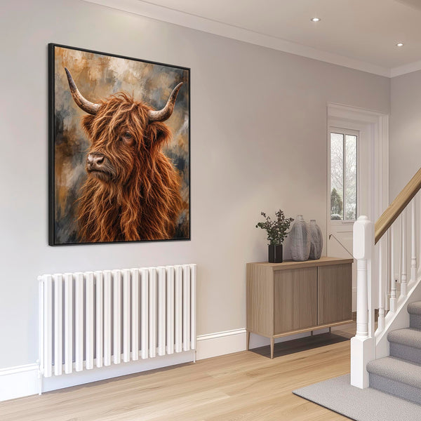 Struan - Brown & Cream Highland Cow - Framed Wall Art Canvas