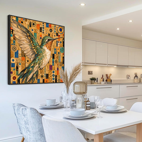 Large Gustav Klimt inspired Framed Canvas Artwork - Hummingbird
