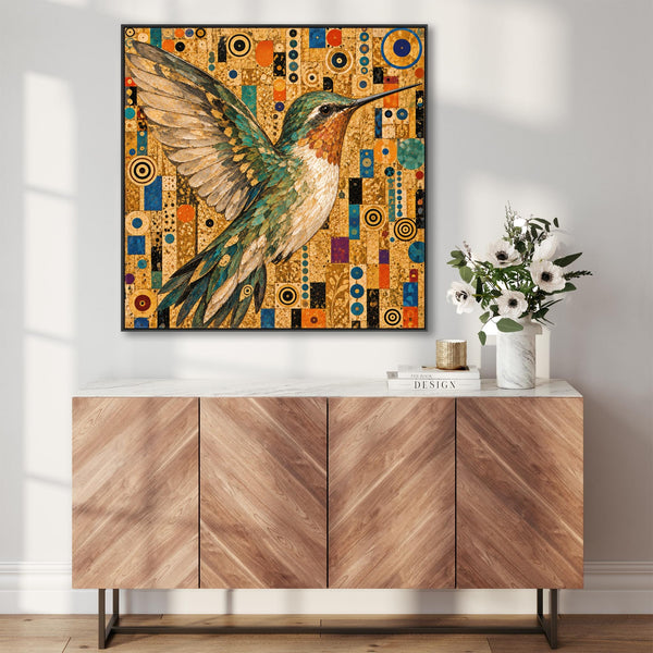 Large Gustav Klimt inspired Framed Canvas Artwork - Hummingbird