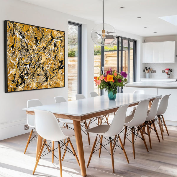 Jackson Pollock Drip Style Art XL Framed Mustard Yellow Canvas