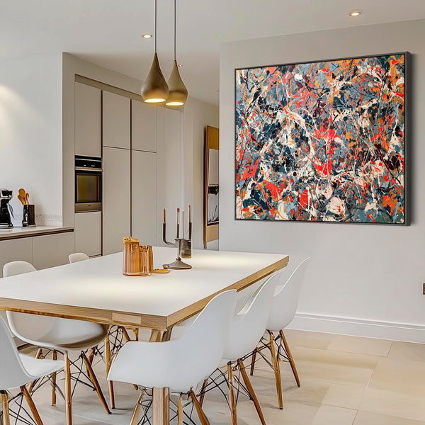 Large Jackson Pollock Inspired Framed Canvas Art - Slate Storm