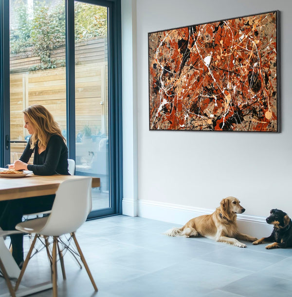 Orange Rust Cream Framed Canvas Jackson Pollock Style Abstract