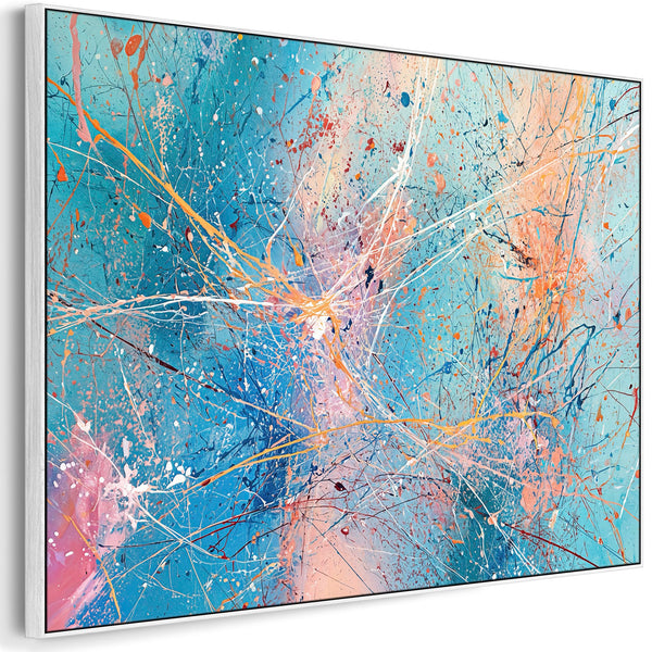 Vibrant Blue Colourful Framed Canvas Jackson Pollock Style Art