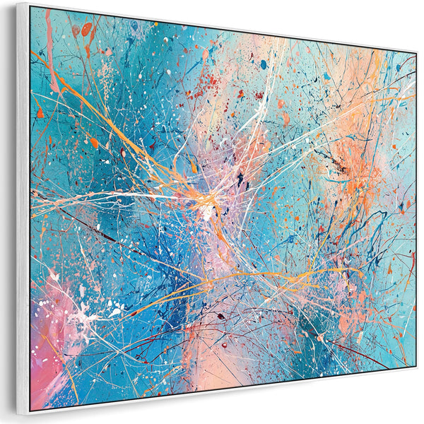 Vibrant Blue Colourful Framed Canvas Jackson Pollock Style Art