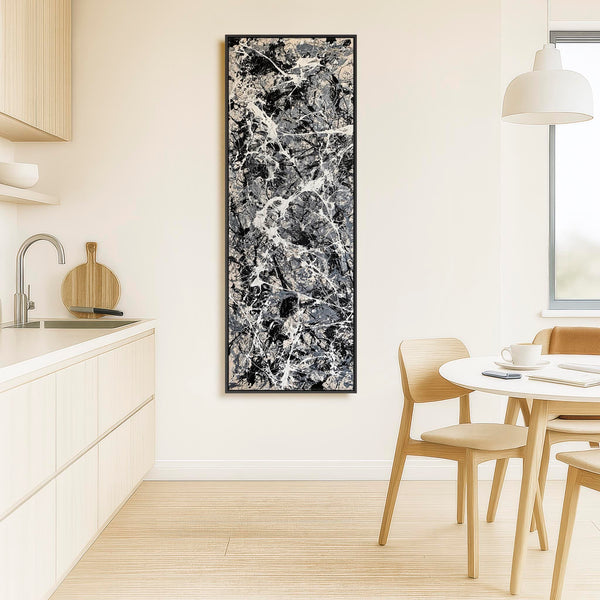 Tall Jackson Pollock Style Neutral Grey Framed Canvas - Havoc