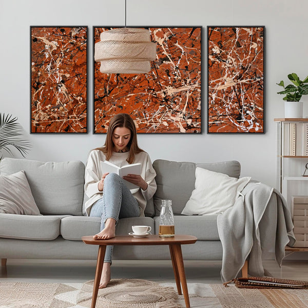 Extra Large Jackson Pollock Style Set 3 Framed Canvases - Rust