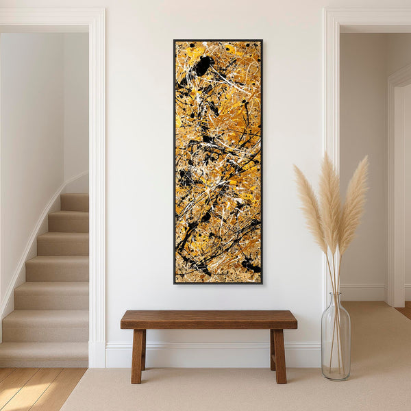 Tall Jackson Pollock Style - Vertical Framed Mustard Canvas