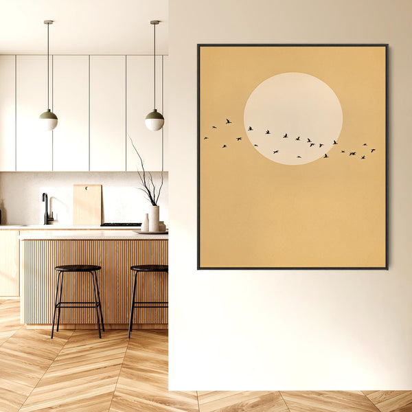 Mustard Yellow Canvas Art Japandi Birds - - Frame Included