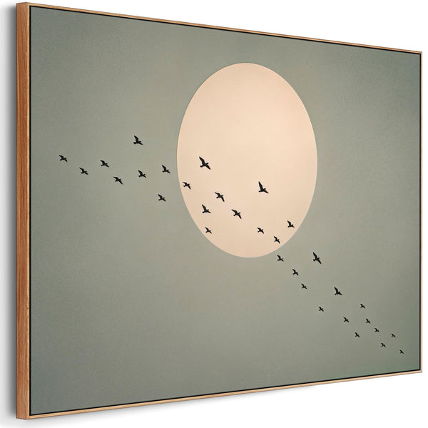 Japandi Birds Over Moon Framed Canvas - Earthy Sage Green
