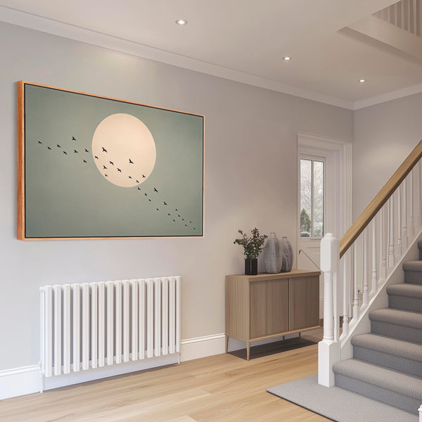 Japandi Birds Over Moon Framed Canvas - Earthy Sage Green