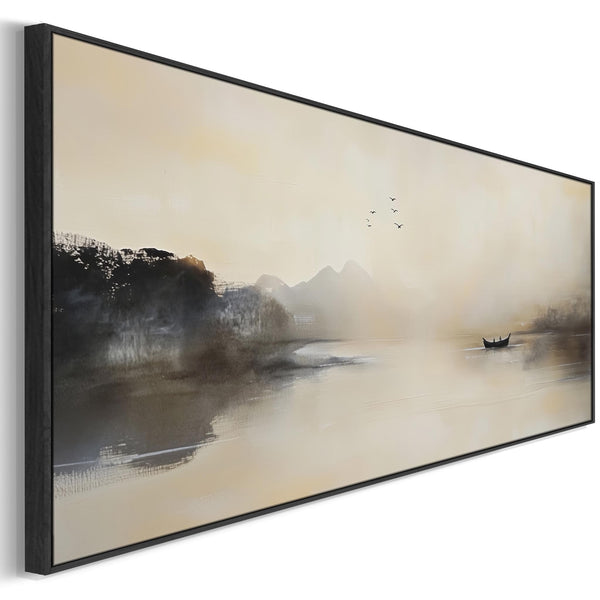 Japandi Lake - Panoramic Wide Canvas Wall Art - Framed