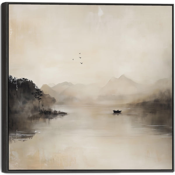 Japandi Lake - Neutral Canvas Wall Art - Frame Included