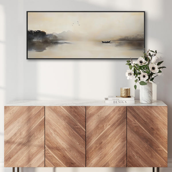 Japandi Lake - Panoramic Wide Canvas Wall Art - Framed