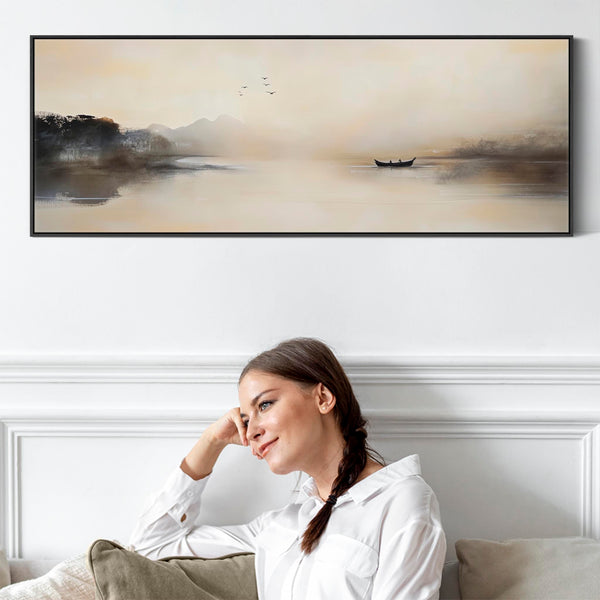 Japandi Lake - Panoramic Wide Canvas Wall Art - Framed