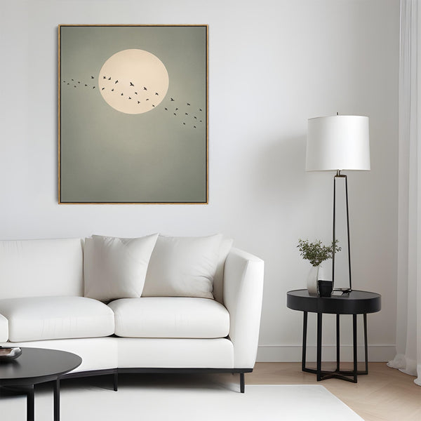 Framed Artwork Canvas Japandi Moon Birds - Migration - Green