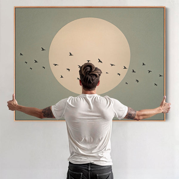 Japandi Moon - Flight Birds - Framed Canvas - Sage Green