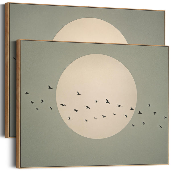 Japandi Moon - Flight Birds - Framed Canvas - Sage Green - Set of 2 Pictures