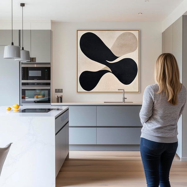 Large Hallway Beige Black Neutral Wall Art Framed - Symmetry Eclipse